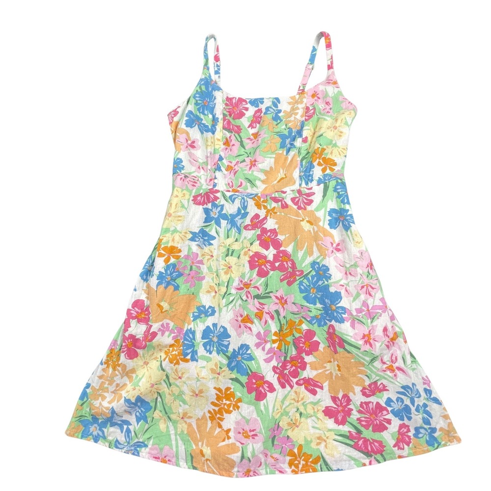 Old Navy Floral Linen Blend Cottage Boho Milkmaid Mini Dress Womens Small Pockts